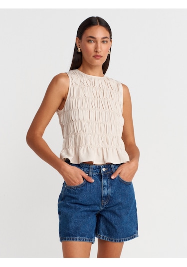 Dilvin 50845 Kolsuz Crop Bluz-açık Bej Açık Bej