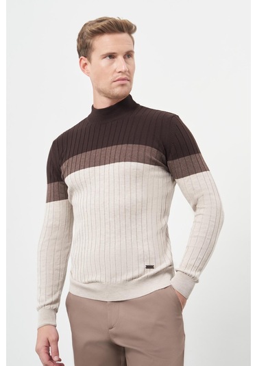 Açık Bej Uzun Kol Kendinden Desenli Örme Yarım Balıkçı Yaka Classic Slim Fit Triko 1012245154 Açık Bej