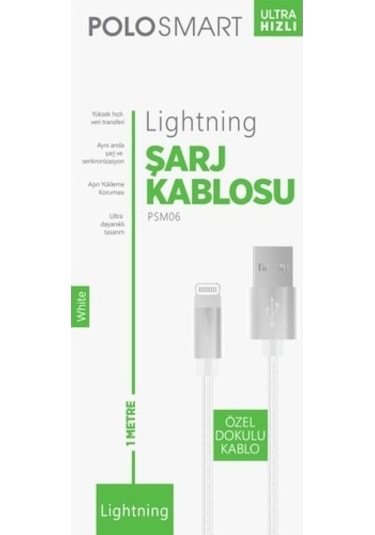 Polosmart PSM06 Lightning Hızlı Şarj Kablosu 1 M Beyaz