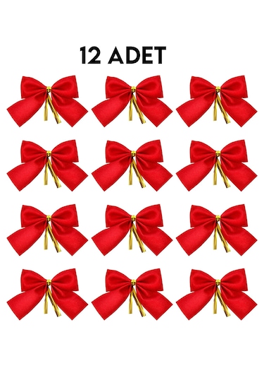 12 Adet Kırmızı Yılbaşı Çam Ağaçı Fiyonk Kurdele Yeni Yıl Noel