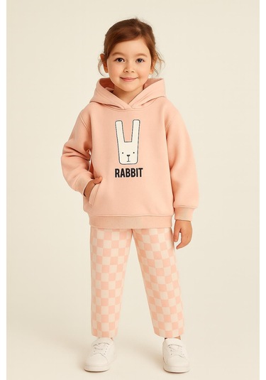 Çocuk Kapüşonlu Rabbit Desenli 3 İplik Şardonlu Eşofman Takımı 5-8 Yaş 10761s Somon