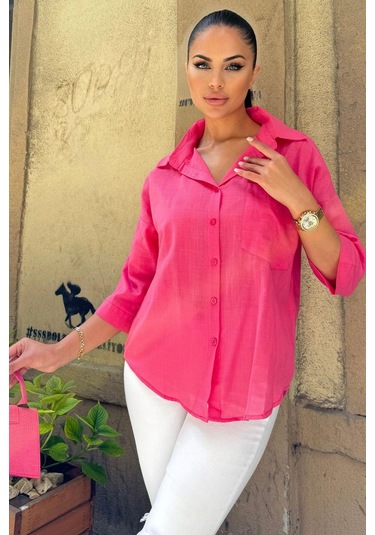 Kadın Fuşya Truvakar Kol, Oval Kesim, Terletmez, Flamlı Keten Salaş Gömlek Fuşya