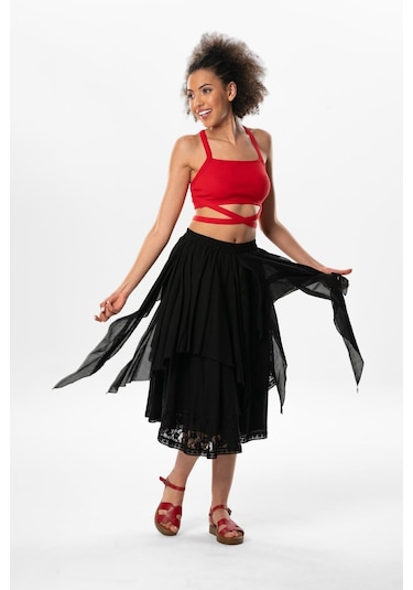 Salkım Vual Dantelli Saçaklı Uzun Yazlık Otantik Etek Siyah Syh-siyah Siyah