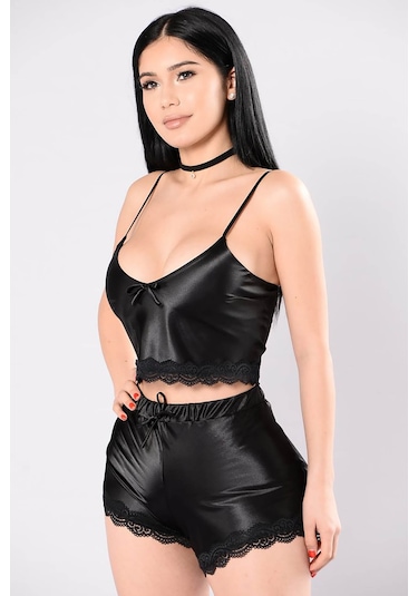 Merry See Saten Dantelli Şortlu Pijama Takım Siyah