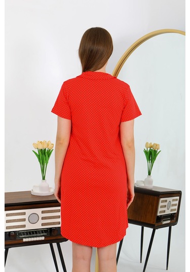 Akbeniz Kadın Pamuk Penye Kısa Kol Düğmeli Kırmızı Tunik Gecelik 13112 Kırmızı