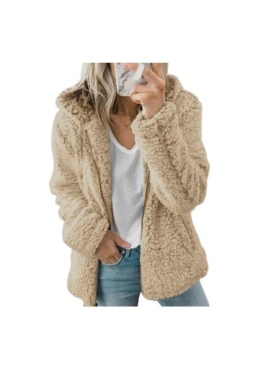 Kadın Mont Yün Kürk Kabarık Kürklü Ceket Polar Ceketler Kapşonlu Uzun Kollu Kış Isıtıcı Peluş Polar Hırka Haki