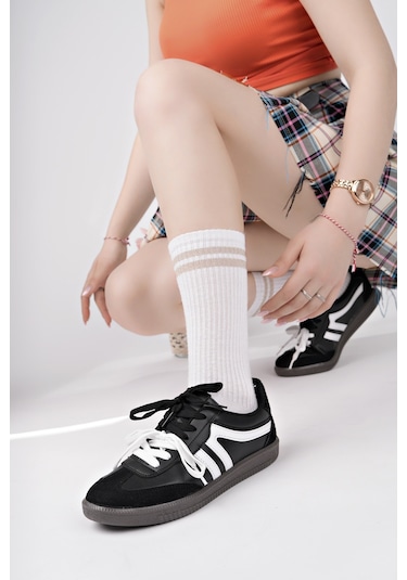 Muggo Retro Çift Bağcıklı Günlük Kadın Sneaker Spor Ayakkabı Siyah - Beyaz