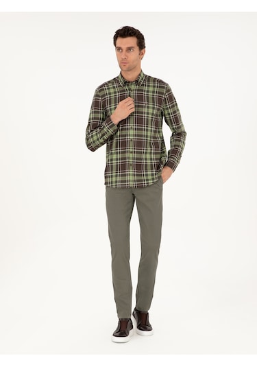 Cacharel Haki Slim Fit Pamuk Karışımlı Kanvas Pantolon Yesıl