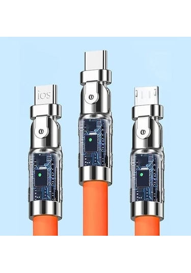 Valkyrie 120W-E 6 A 3 in 180 Derece 1.2 M Sıvı Silikon Data Hızlı Şarj Kablosu Turuncu