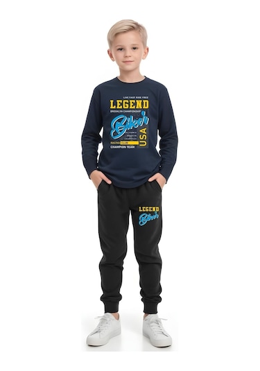 Fyk Kids Erkek Çocuk Yazı Baskılı Yuvarlak Yaka Alt-üst Pijama Takımı Lacivert
