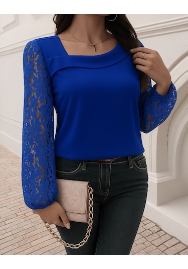 Tua Moda Kadın Uzun Kollu Asimetrik Yakalı Dantelli Ithal Krep Bluz Saks Mavi