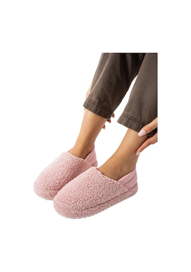 Kadın Lastikli Kaymaz Taban Peluş Havlu Kumaş Ev Ayakkabısı Panduf Pudra-pudra Pudra