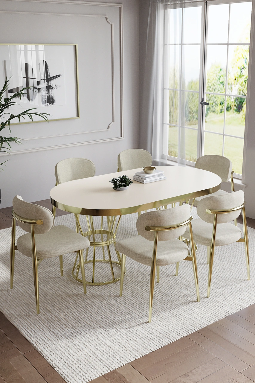 Bohem Polo Mutfak Masası Takımı 6 Kişilik Gold Krem