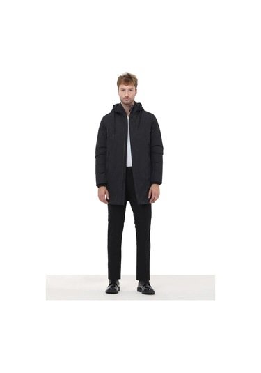 Siyah Regular Fit Kapüşonlu Casual Dokuma Pardesü Siyah