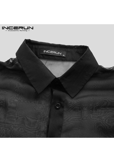 İncerun Yaz Erkek Uzun Kollu Gömlek İnce Düğme Clubwear Parti Siyah Üstler Siyah