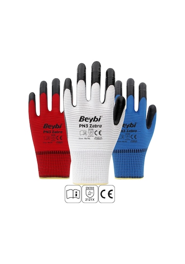 Beybi PN3 Zebra Polyester Örme Nitril İş Eldiveni 12 Çift – Kırmızı - Siyah
