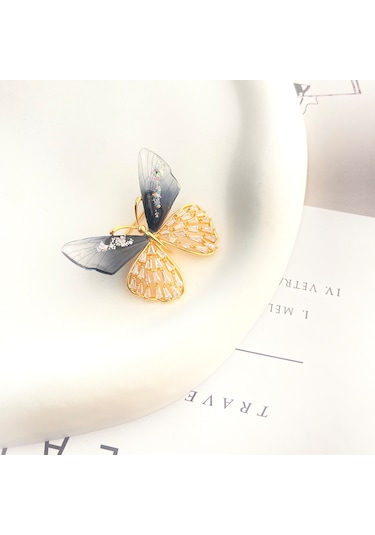 Broş Kadın Altın Kaplama Zirkon Taşlı Kelebek Yaka İğnesi Broş Si Altın -  Siyah