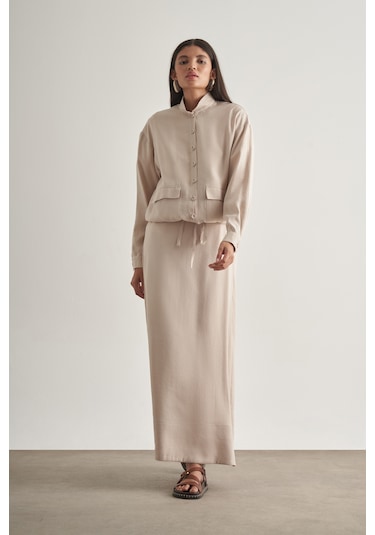 Mizalle Modal Karışımlı Taş Rengi Maksi Evaze Etek Taş