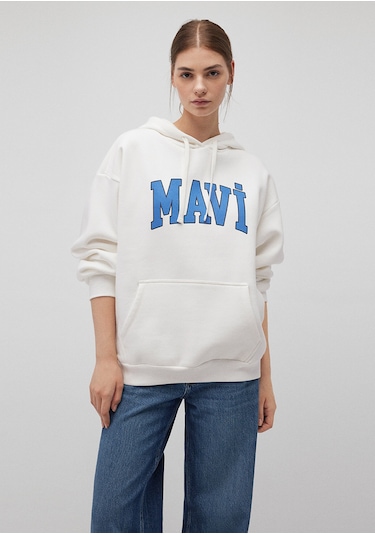 Mavi M1600361-81964-fw Mavi Logo Kapüşonlu Sweatshırt Kırık Kadın Sweatshirt M1600361-81964-R2728 Kırık Beyaz