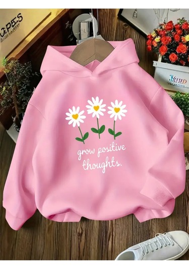 Kışlık Kapüşonlu Sweatshirt, Çocuk Grow Positive Papatya Baskılı Pembe
