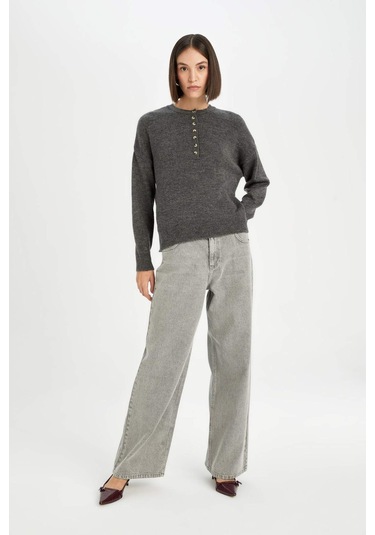 DeFacto Oversize Geniş Kalıp Düğmeli Yaka Triko Kazak D4913AXNSAR15 Antrasit