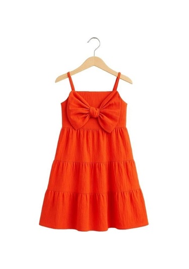 Kız Çocuk Askılı Fiyonklu Dokuma Elbise-16076 Turuncu