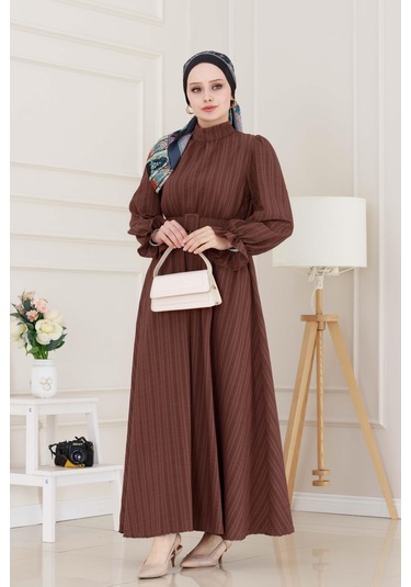 Kolu Volanlı Kemerli Henna Elbise-kahverengi-5054 Kahverengi