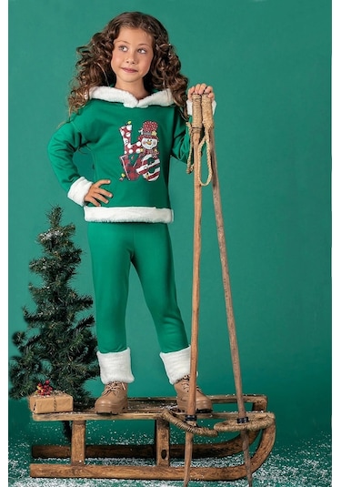 Unisex Çocuk Yılbaşı Christmas Noel Temalı Elf Model Kapüşonlu 3 İp Şardonlu 2 Parça Alt Üst Takım Yeşil
