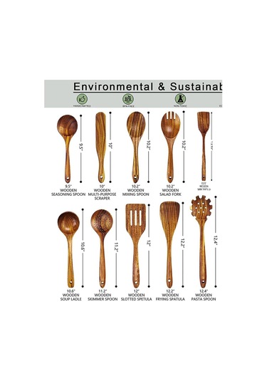 Vkemall Doğal Teak Ahşap Mutfak Gereçleri Seti - 10 Parça, El Yapımı, Toksiksiz, Anti Yapışkan, Mutfak Gerekli Malzeme Kahverengi