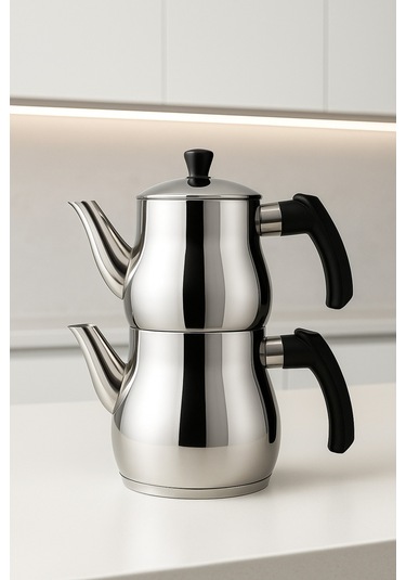 Yunusoğlu Home Klasik Çaydanlık Takımı 0,8l Demlik 1,25l Alt Demlik Paslanmaz Çelik Soğuk Tutma Saplı Gri