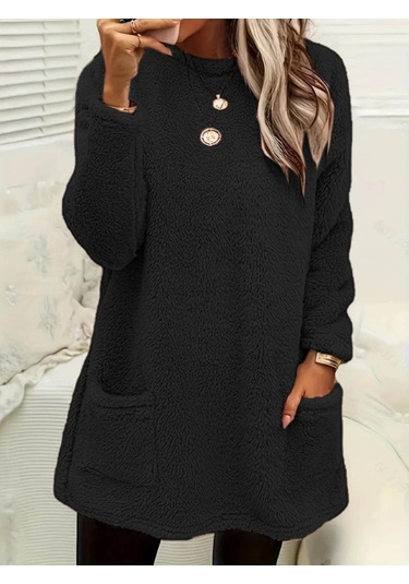 Leyla Sanat Sanata Yeni Bir Bakış Açısı Kadın Uzun Kollu Yuvarlak Yakalı Cepli Peluş Bluz Siyah