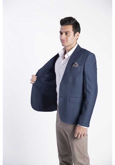 Sposo G-207 Dar Kalıp Desenli İndigo Erkek Blazer Ceket İndigo