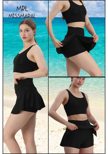 Mini Şort Etek Görünümü Etek Içi Şortlu Cepli Spor Tasarım Tenis Deniz Havuz Fitness Siyah1107 Siyah