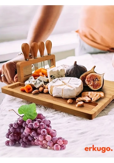 5 Parça Bambu Peynir Sunum Tahtası Ve Çatal - Spatula -mini Spatula - Bıçak Seti, Peynir Kesim Panosu, Sunum Seti Bambu