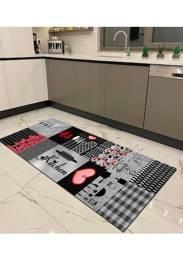 Gri, Kitchen Kaymaz, Pamuk Dokuma Taban Mutfak Halısı (477548470)