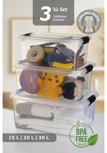 3'lü 15-20-30 L Çok Amaçlı Saklama Kabı Seti - Kilitli Kapak Banyo Mutfak Düzenleyici Saklama Kutusu Şeffaf