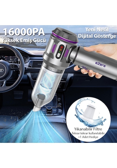Ezere 16000pa Güçlü Dijital Göstergeli Vakumlu Kablosuz Üflemeli Mini Araç Süpürgesi Gümüş