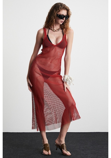 GRIMELANGE Deryn Kadın File Pamuklu Kumaşlı V Yakalı Eteği Kloş Plaj Giyimi Kiremit Rengi Elbise Kiremit Rengi