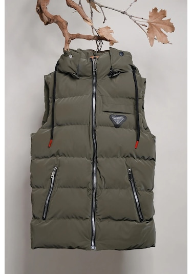 Kapüşonlu Erkek Çocuk Nova Kumaş Şişme Yelek Haki