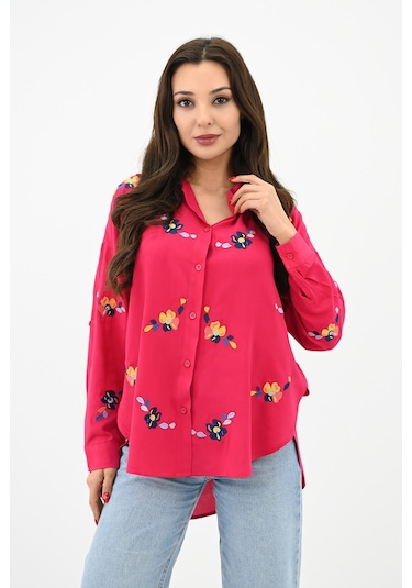 Koza Butik Kadın Nakış İşlemeli Oversize Gömlek 1735-24 001