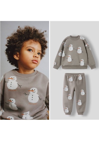 Kardan Adam Desenli Pamuklu Sweatshirt Jogger Eşofman Alt-üst Takım Açık Gri