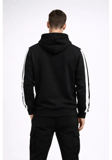 Defymoda Erkek Şeritli Kapüşonlu Sweatshirt Oversize 3 Iplik Pamuklu - Siyah Siyah