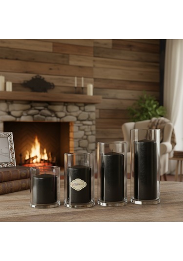 4 Lü Set Cam Vazo İçi Siyah Set Mum Siyah