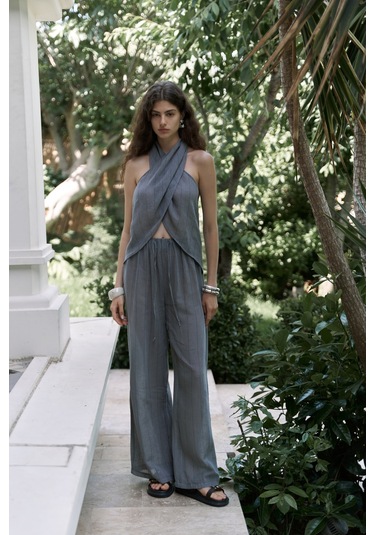 Cadhas Boyundan Bağlamalı Füme Crop Pantolon Takım Füme