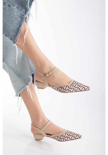 Baskılı Cilt Arka Açık Bej Kadın Kısa Topuklu Ayakkbı-2697-bej Bej