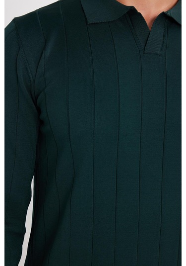 Erkek Slim Fit Dar Kesim Uzun Kol Polo Yaka Çizgili Yeşil Kazak-35795 Yeşil