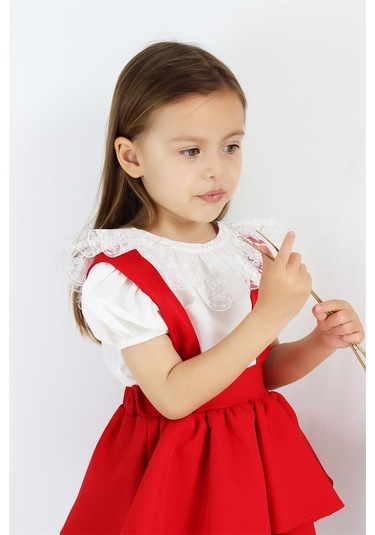 Kız Çocuk Helen Kırmızı Askılı Bağlama Jile 23 Nisan 29 Ekim Elbise Ekru Dantel Kısa Kollu Bluz Takım