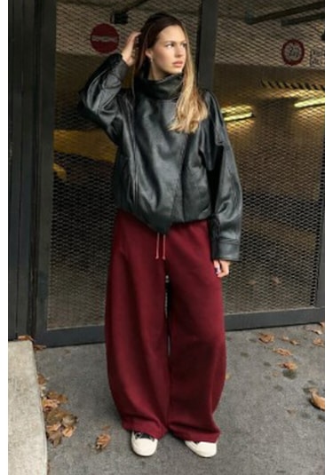 Bordo Stoperli Barrel Fit Şardonlu Kadın Eşofman Altı Mg2687 Bordo