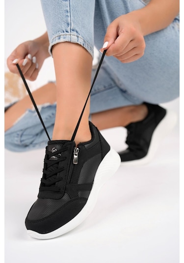 Muggo Asel Garantili Kadın Ortopedik Günlük Bağcıklı Yandan Fermuarlı Rahat Sneaker Spor Ayakkabı Siyah - Beyaz