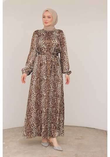 Armine Trend Leopar Desenli Beli Kemerli Elbise Kahverengi 24kt904 Kahverengi